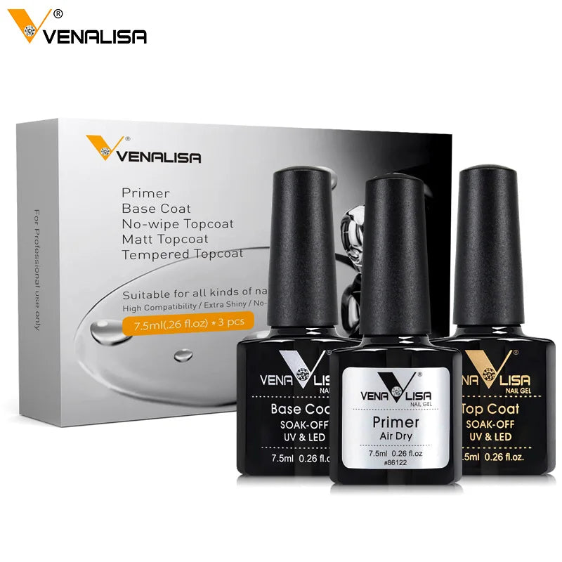 Venalisa Nail Gel Polish Kit Functional Gel No-acid Primer Base Coat Soak Off UV LED Long Wear No Wipe Tempered Topcoat 7.5ml
