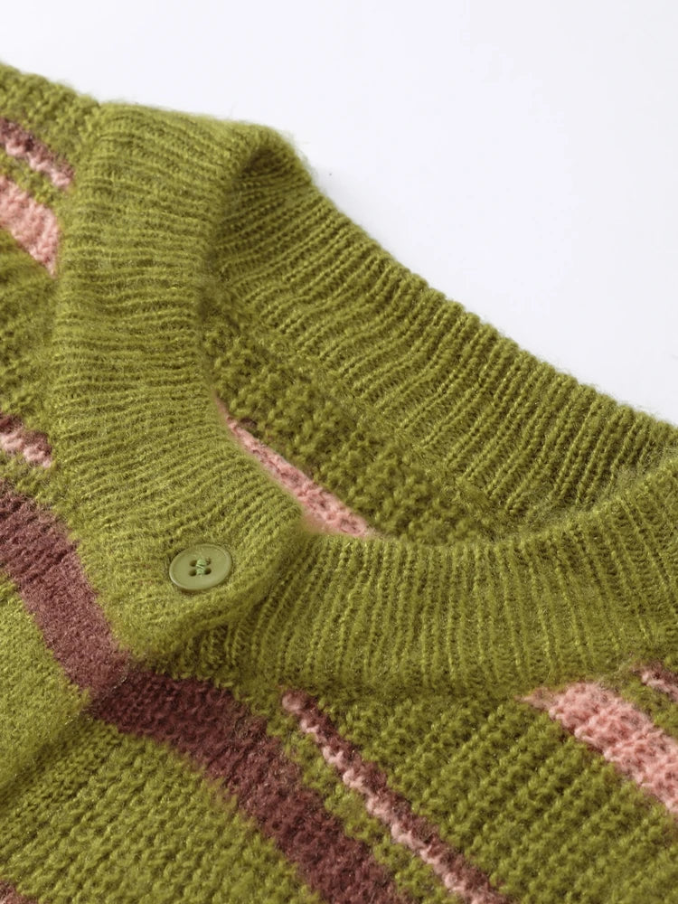 Elegant Stripe V-neck Women Sweater Single Breasted Loose Knitted Lady Cardigans 2025 Autumn Casual Full Sleeve Female Coat Tops