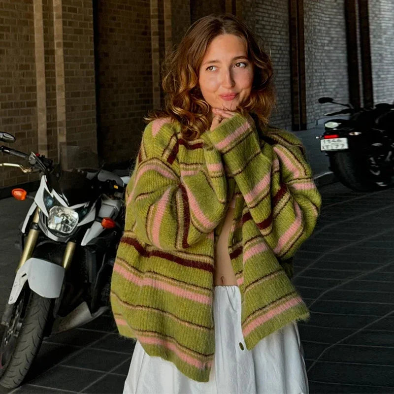 Elegant Stripe V-neck Women Sweater Single Breasted Loose Knitted Lady Cardigans 2025 Autumn Casual Full Sleeve Female Coat Tops