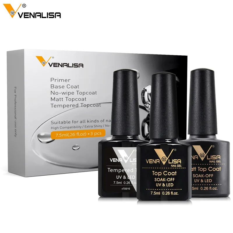 Venalisa Nail Gel Polish Kit Functional Gel No-acid Primer Base Coat Soak Off UV LED Long Wear No Wipe Tempered Topcoat 7.5ml