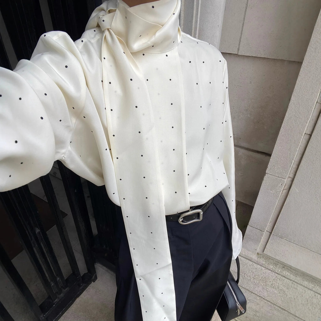 Women's White Polka Dot Scarf Neck Blouse Elegant Long Sleeve Loose Basic Shirt 2026 Spring Casual Daily Street Commute Clothing