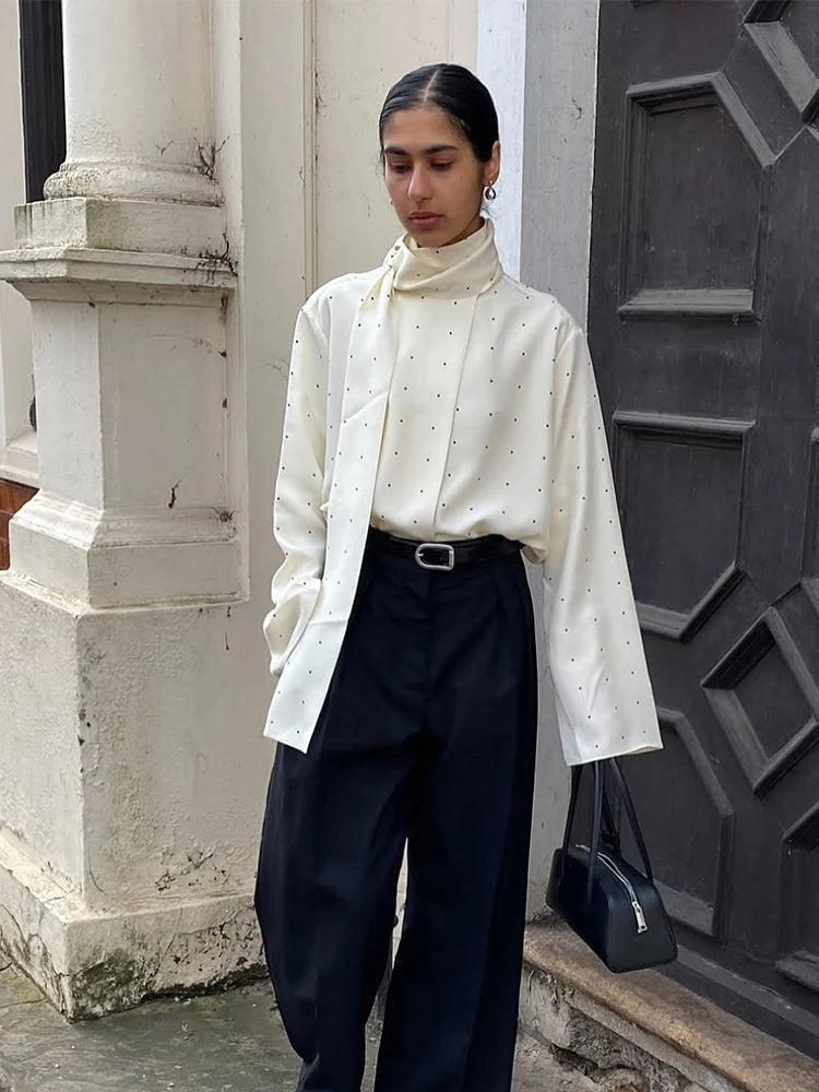 Women's White Polka Dot Scarf Neck Blouse Elegant Long Sleeve Loose Basic Shirt 2026 Spring Casual Daily Street Commute Clothing