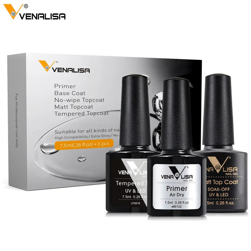 Venalisa Nail Gel Polish Kit Functional Gel No-acid Primer Base Coat Soak Off UV LED Long Wear No Wipe Tempered Topcoat 7.5ml