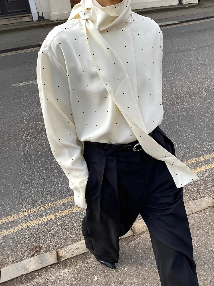 Women's White Polka Dot Scarf Neck Blouse Elegant Long Sleeve Loose Basic Shirt 2026 Spring Casual Daily Street Commute Clothing