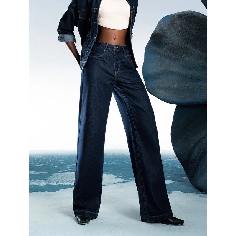 TOYOUTH Women Denim Jeans 2025 Spring New Acetate Wide Leg Mid Low Waist Slim Fit Straight Wide Leg Pants