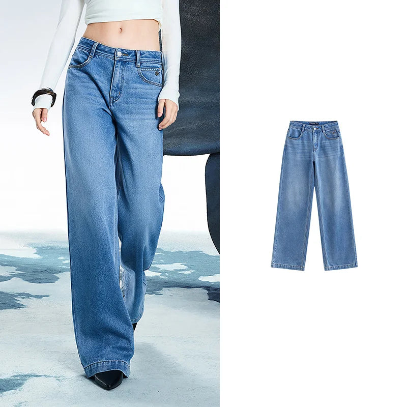 TOYOUTH Women Denim Jeans 2025 Spring New Acetate Wide Leg Mid Low Waist Slim Fit Straight Wide Leg Pants