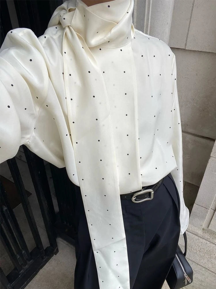 Women's White Polka Dot Scarf Neck Blouse Elegant Long Sleeve Loose Basic Shirt 2026 Spring Casual Daily Street Commute Clothing