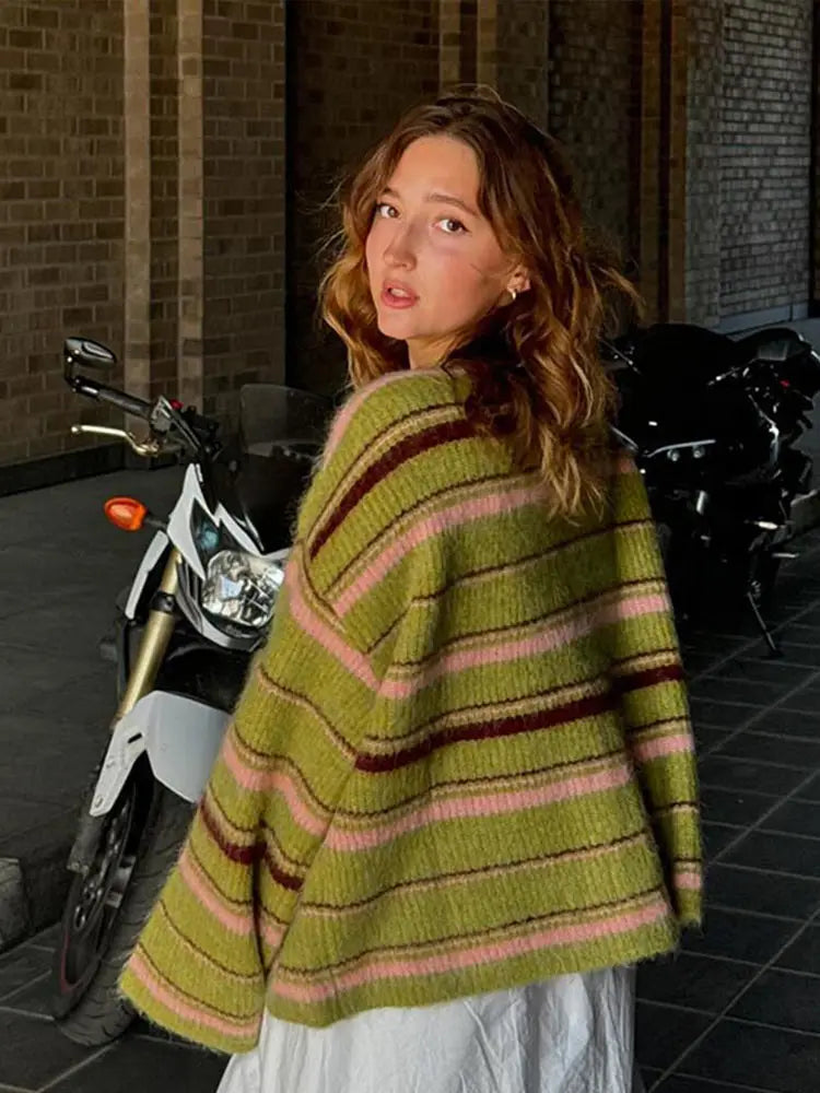 Elegant Stripe V-neck Women Sweater Single Breasted Loose Knitted Lady Cardigans 2025 Autumn Casual Full Sleeve Female Coat Tops