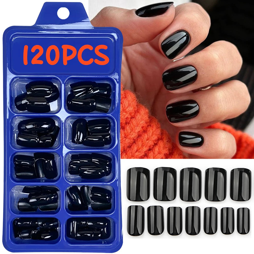 120pcs Solid Color Black Glossy Fake Nails Short Square Pressed Gel Nails Full Cover False Nails Acrylic DIY Artificial Nail Kit