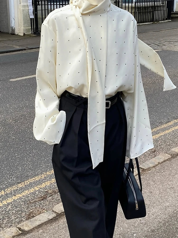 Women's White Polka Dot Scarf Neck Blouse Elegant Long Sleeve Loose Basic Shirt 2026 Spring Casual Daily Street Commute Clothing