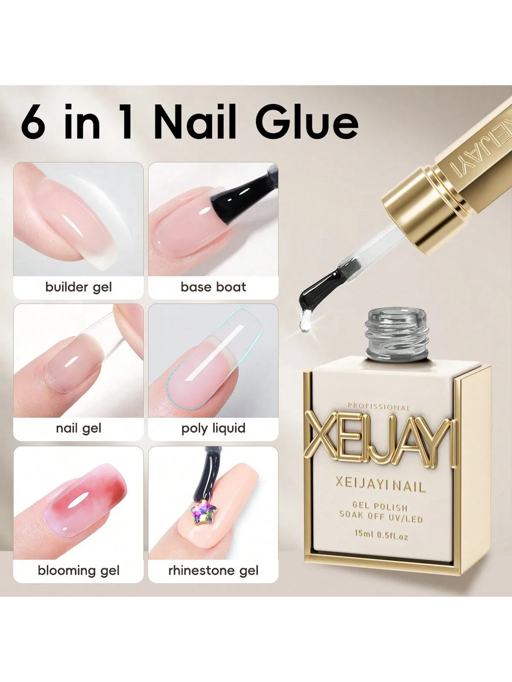 6-in-1 Multi-Function Nail Gel System - Base, Top, Matte, Builder, Self-Leveling & Blending Gel All-in-One Kit