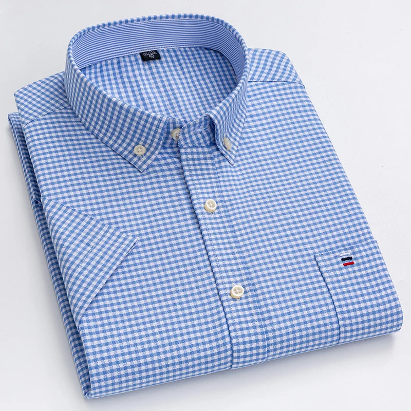 100% Pure Cotton Oxford Shirt For Men’s Short Sleeve Solid Stripe Leisure Embroidered Horse Social Business Formal Dress Shirts