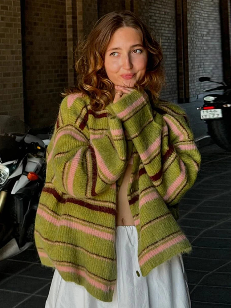 Elegant Stripe V-neck Women Sweater Single Breasted Loose Knitted Lady Cardigans 2025 Autumn Casual Full Sleeve Female Coat Tops
