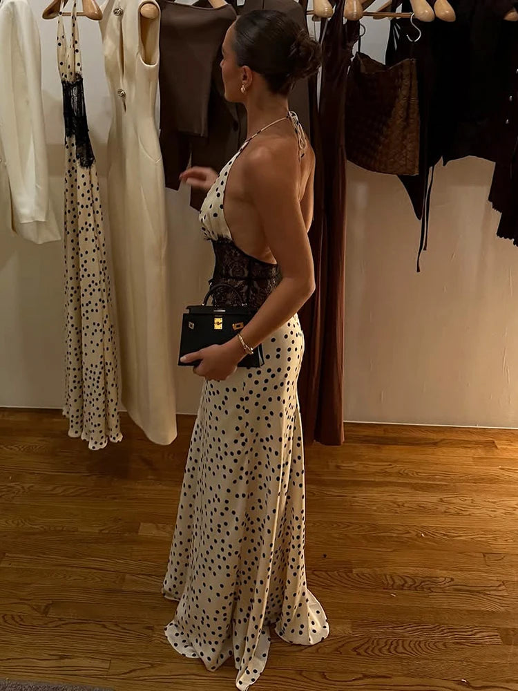 Mozision Polka Dot Backless Sexy Maxi Dress Women Gown Elegant Patchwork Lace Halter Deep V Neck Sleeveless Bodycon Club Dress