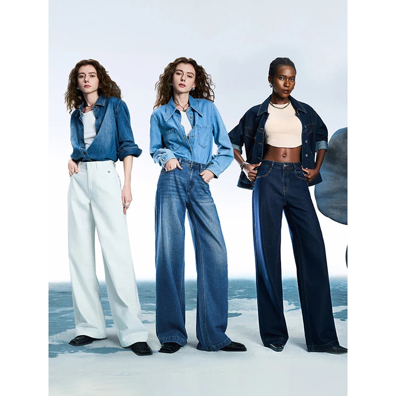 TOYOUTH Women Denim Jeans 2025 Spring New Acetate Wide Leg Mid Low Waist Slim Fit Straight Wide Leg Pants
