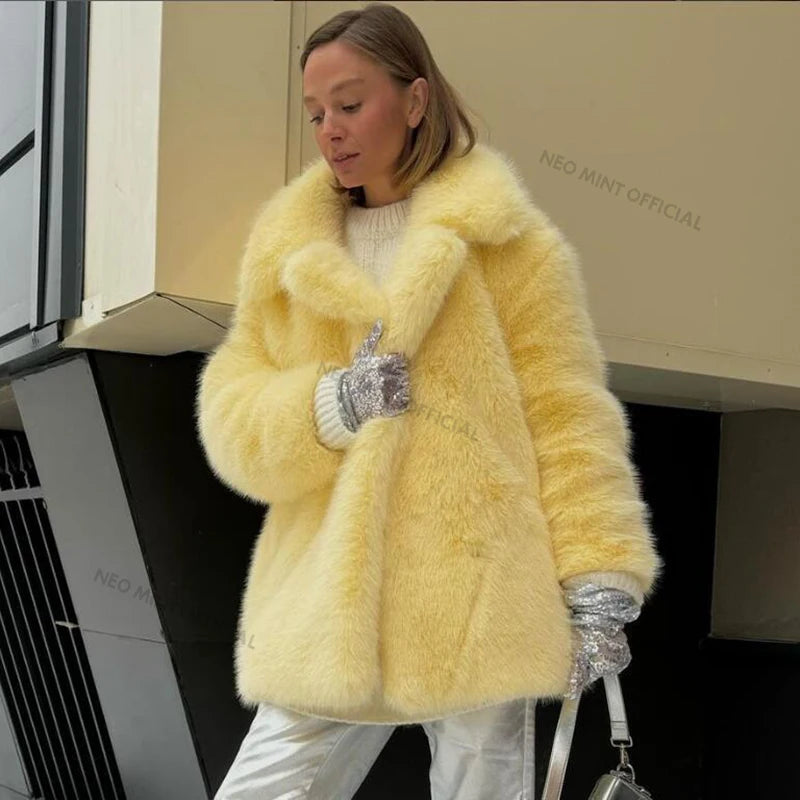 Neo Mint Women Winter 2024 High Quality Luxury Faux Fur Coat Thicken Warm Overcoat Outerwear Hot Girls Solid Long Fox Fur Jacket